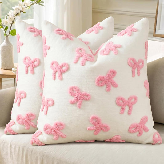 AVOIN colorlife Pink Bow Throw Pillow Covers Set of 2, 18 x 18 Inch Holiday Soft Plush Faux Fur Jacquard Cushion Case Decoration for Bedroom Home Sofa Couch