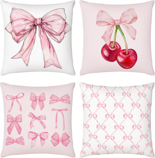 Mixweer 4 Pcs 18 x 18'' Coquette Pillow Covers Pink Bow Pillow Covers Watercolor Aesthetic Room Decoration for Bedroom Livingroom Bedroom Decor