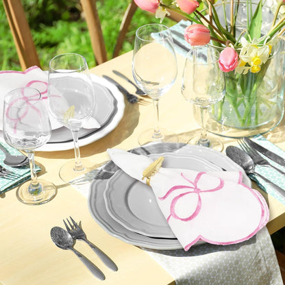 FYSUIMU 6 Packs Cloth Napkins Pink Embroidered Bow Napkin Scalloped Edge Reusable Washable Embroider Bowknot Table Napkins for Mother's Day Wedding Bridal Baby Shower Party Housewarming Gifts