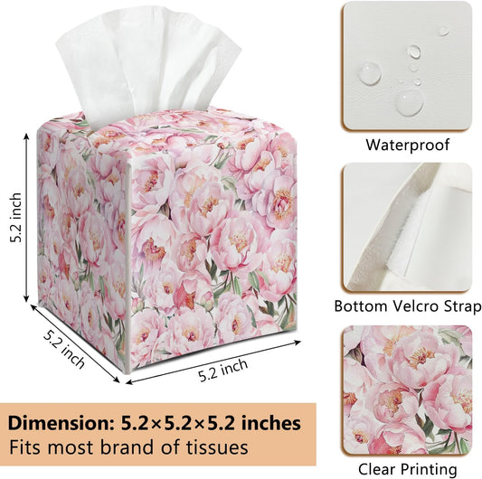 Pink Floral Leather Tissue Box Cover Square Watercolor Decorative Tissue Holder for Bathroom Home Office Gifts for Women Girls Sister Bestie Daughter Housewarming Christmas Birthday Gifts - DH551