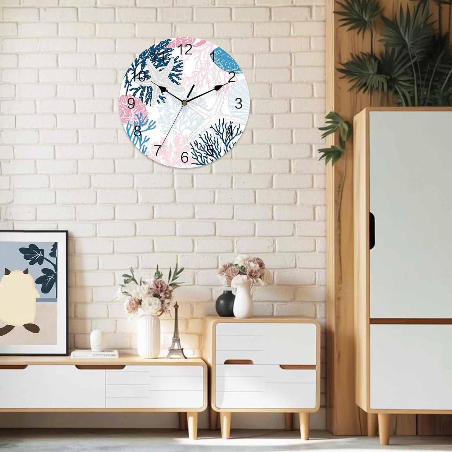 LooPoP Wall Clock Ocean Coral Starfish Clocks PVC Silent Non-Ticking Battery Operated Blue Pink Coastal Shell Conch Round Clock for Home Living Room Kitchen Bedroom Office School Wall Decor 12 Inch
