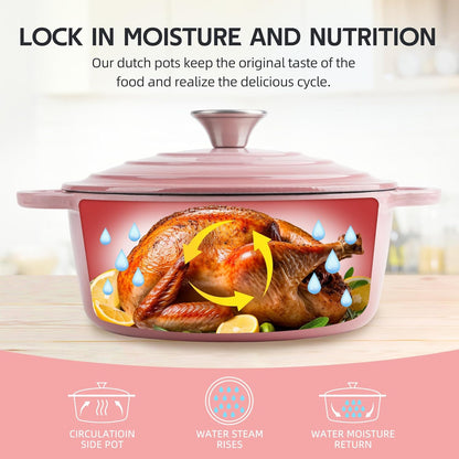 6 Quart Dutch Oven Enameled Cast Iron with Lid - Big Dual Handles - Oven Safe up to 500°F - Classic Round Pot for Versatile Cooking Pink