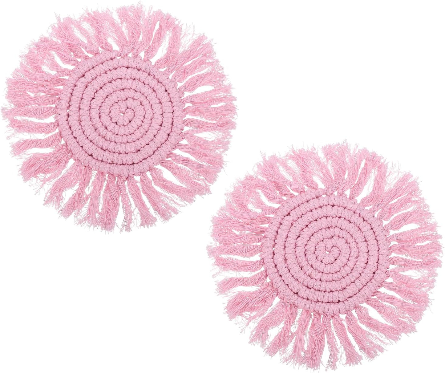 uxcell 2Pcs Boho Coasters, Round Handmade Woven Absorbent Coasters with Tassel Farmhouse Cup Mat Table Protection for Coffee Drink Mug Home Office Decor Housewarming Gift, Pink