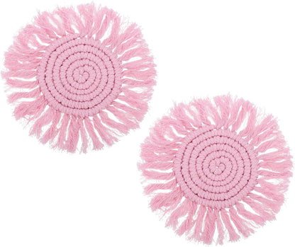 uxcell 2Pcs Boho Coasters, Round Handmade Woven Absorbent Coasters with Tassel Farmhouse Cup Mat Table Protection for Coffee Drink Mug Home Office Decor Housewarming Gift, Pink