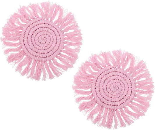 uxcell 2Pcs Boho Coasters, Round Handmade Woven Absorbent Coasters with Tassel Farmhouse Cup Mat Table Protection for Coffee Drink Mug Home Office Decor Housewarming Gift, Pink