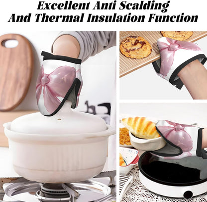 Light Pink Bow Balloon Mini Silicone Oven Mitts Heat and Slip Resistant Kitchen Mittens,Short Oven Gloves for Safe Cooking Baking & Grill,5.9"X5.9"