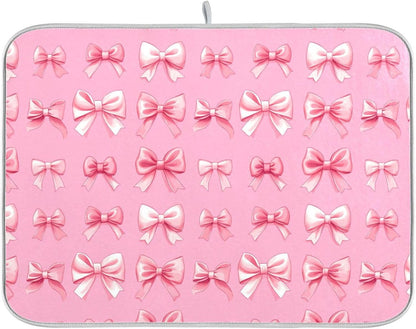 Dish Drying Mat for Kitchen Counter Cute Light Pink Ribbon Bows Absorbent Drying Dish Mat 16×18 inch Dish Rack Pad Coffee Mat for Sink Dishes Under Rack