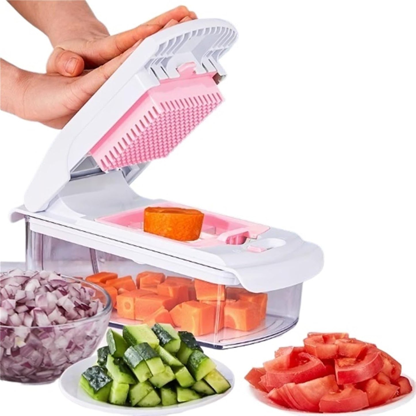 7pcs Vegetable Chopper, High Capacity, Veggie Slicer, Dicer, Easy to Clean, Kitchen Food Cutter with 4 Blade, Save Time and Effort, for Potato Carrot Salad(Pink)