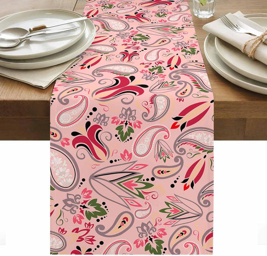 Table Runner 13x70in Vintage Baroque Style Floral Linen Washable Dresser Scarf Abstract Pink Paisley Flowers Kitchen Dinning Tablerunners for Holiday/Party/Wedding/Home Tables Decor