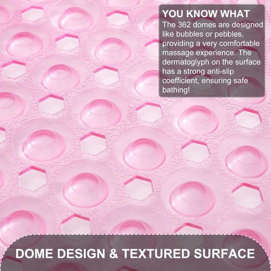 TEESHLY Bath Tub and Shower Mats, Non Slip 40 x 16 Inch Extra Large Bathtub Mat, Machine Washable Bathmat with Drain Holes, Suction Cups for Bathroom Floor, Clear Pink