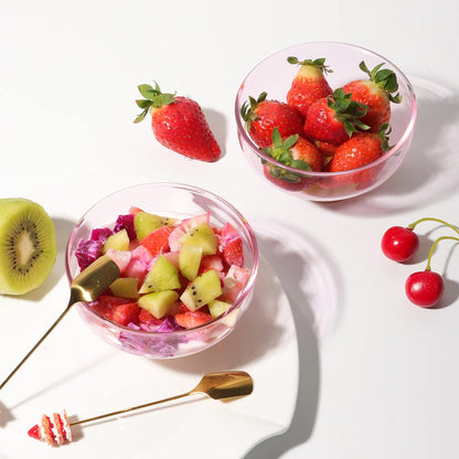 Pink Glass Dessert Bowls Set of 6 Ice Cream Bowl with 6 Gold-Plated Spoons Decorative Microwave Safe for Fruit,Snack,Candy Glass Bowl Set