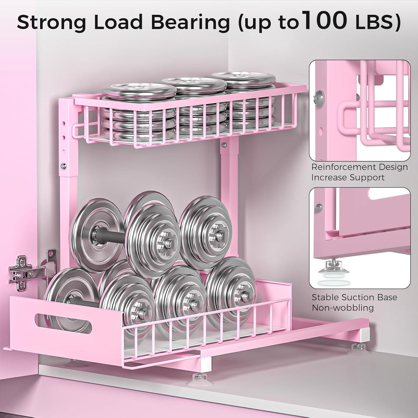 L-Shaped Under Sink Organizer, 2 Pack 2-Tier Pull Out Metal Kitchen Cabinet Organizer with Sliding Storage Drawer, Height Adjustable Heavy Duty Under Bathroom Sink Storage for Cleaning Supplies