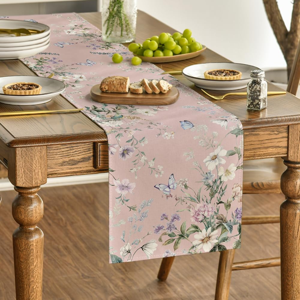 Artoid Mode Pink Floral Wildflower Leaf 210 GSM Spring Table Runner, Seasonal Summer Kitchen Dining Table Decoration for Home Party Decor 13x72 Inch