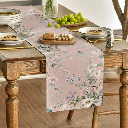 Artoid Mode Pink Floral Wildflower Leaf 210 GSM Spring Table Runner, Seasonal Summer Kitchen Dining Table Decoration for Home Party Decor 13x72 Inch