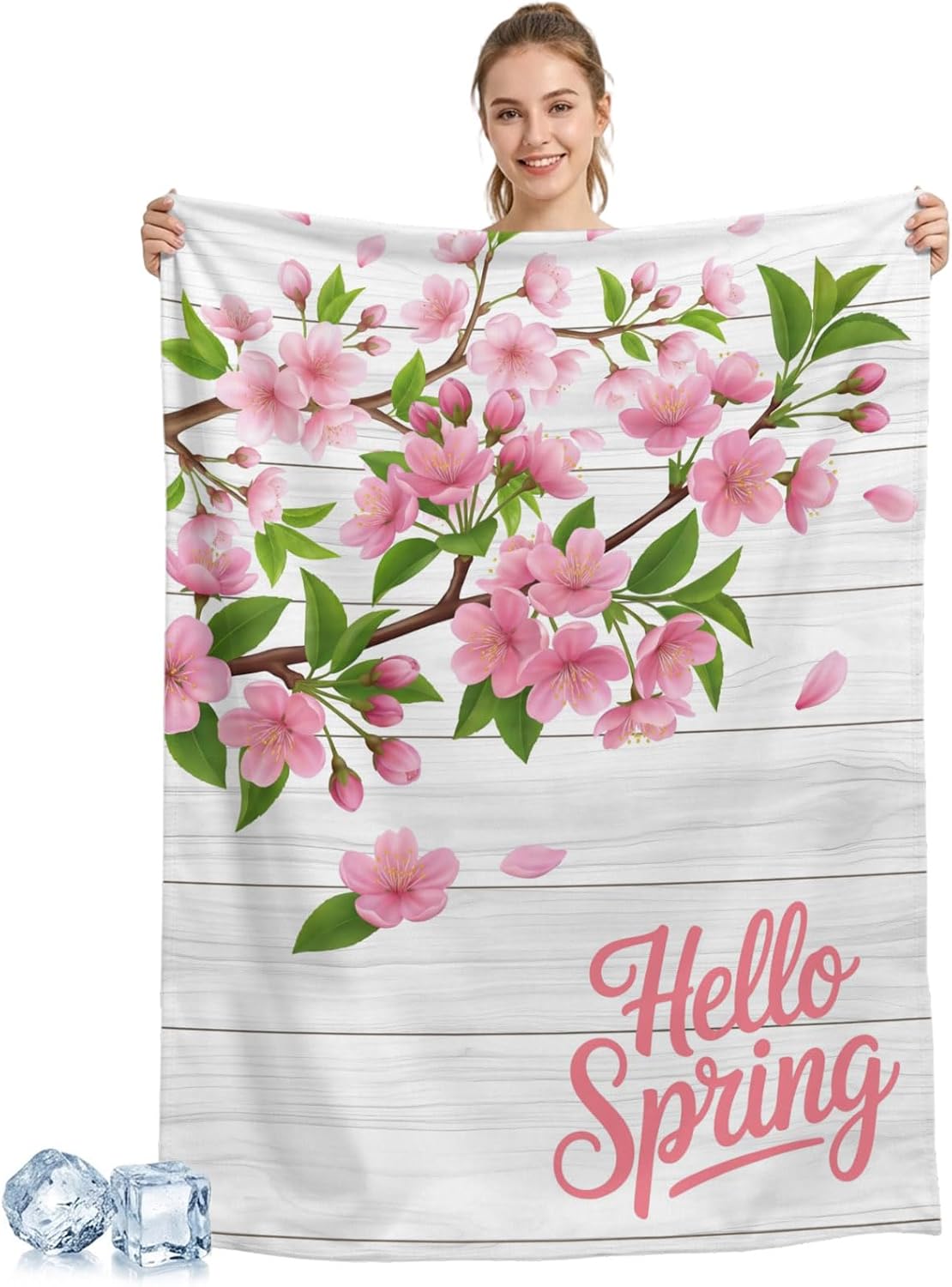 Cooling Blanket for Hot Sleepers, Hello Spring Peach Blossom Floral Lightweight Cold Summer Blanket for Night Sweats, Pink Flower Rustic Wood Grain Soft Cool Blankets for Sofa Office 40x60in