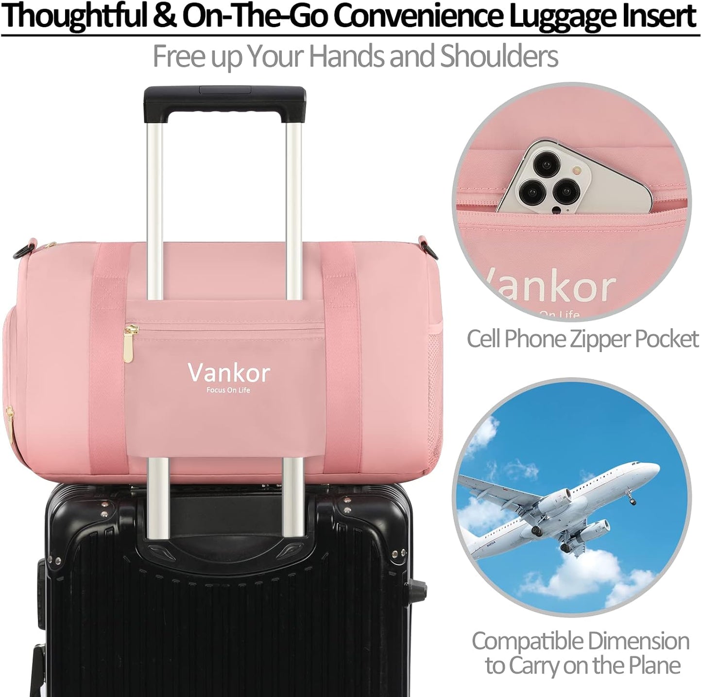 Vankor Small Gym Bag for Women with Shoe Compartment, Waterproof Sports Duffle Bag for Travel Carry on Duffel, Weekender Beach Yoga Workout Overnight Mommy Maternity Hospital Bag Pink 17.5 inches