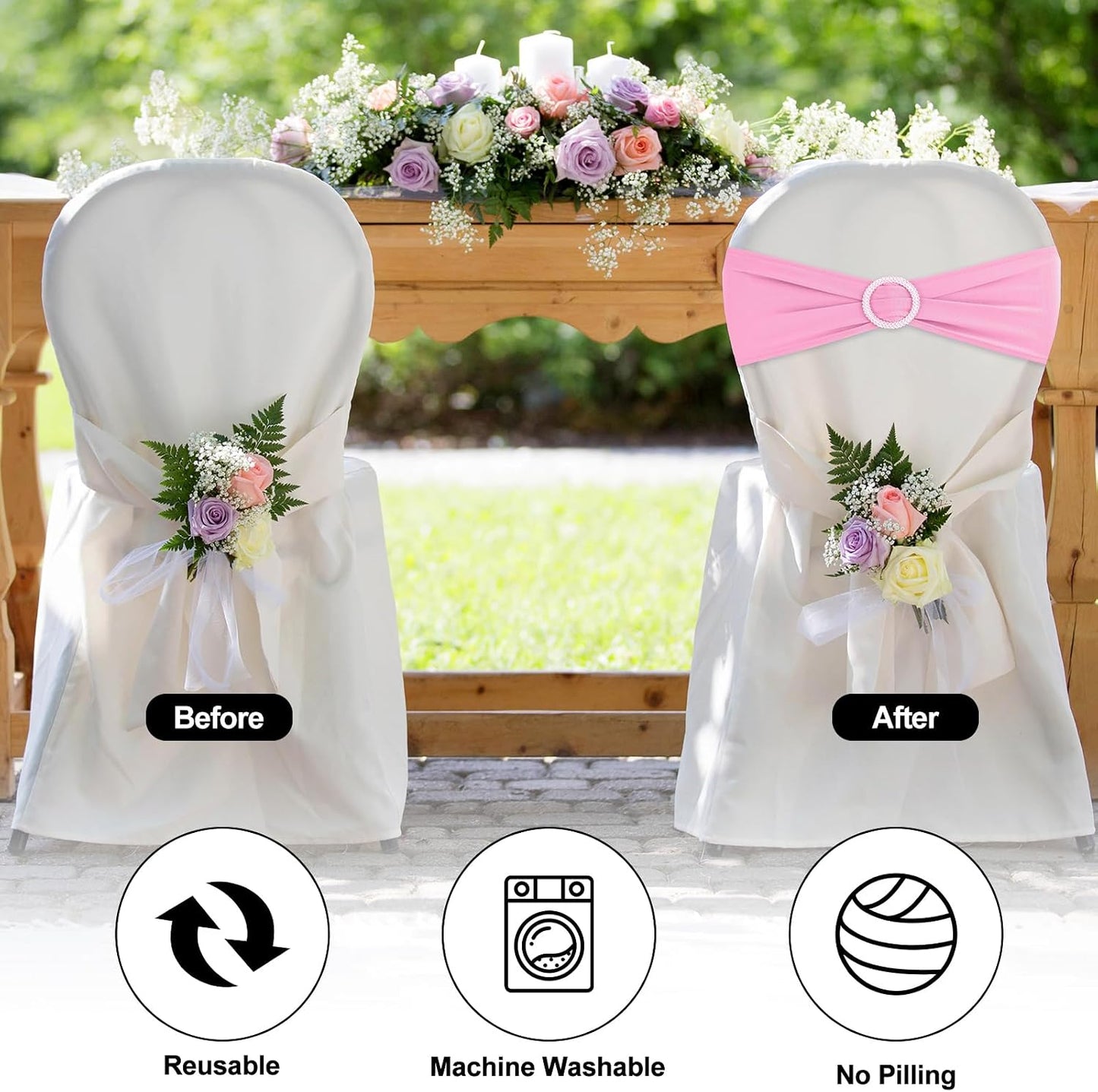 Pink Chair Sashes 25 Pack Spandex Stretch Chair Band Sashes with Buckles for Folding Chairs Wedding Party Reception Baby Shower Events Banquet Decorations