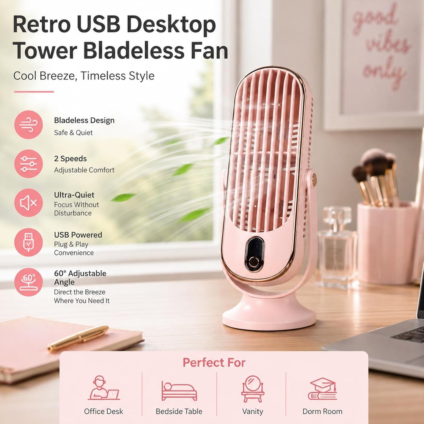 Table Tower Fan, 5 Speed Ultra Quiet 22dB USB Powered Compact Tower Fan with Turbo Airflow Detachable Blade, Portable Desktop Cooling Fan for Office Bedroom Outdoor (Pink)