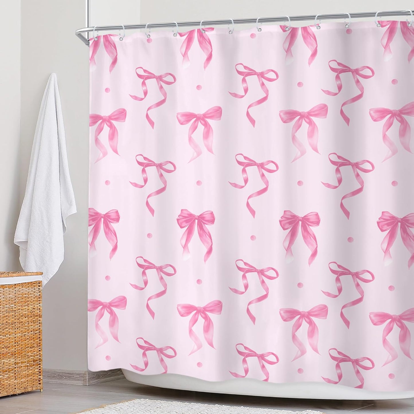Newsely Pink Bow Shower Curtain 72Wx72L Inch Bownot Adorable Elegant Wave Point Modern Retro Minimalist Lovely Cute Girls Female Bathroom Set Fashion Waterproof Bath Decoration Accessories Home Decor