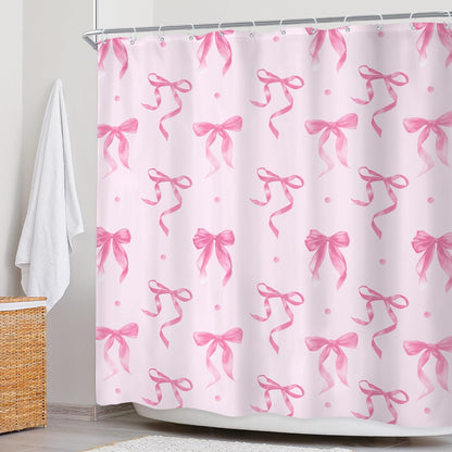 Newsely Pink Bow Shower Curtain 72Wx72L Inch Bownot Adorable Elegant Wave Point Modern Retro Minimalist Lovely Cute Girls Female Bathroom Set Fashion Waterproof Bath Decoration Accessories Home Decor