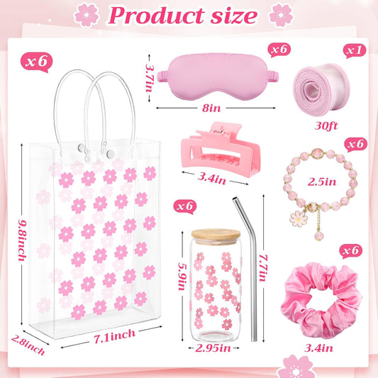 Vesici Pink 42 Pcs Spa Sleepover Party Supplies Bulk for Women 6 Set Slumber Spa Birthday Party Favor with Glass Cup, Eye Mask, Hair Tie, Hair Clip, Bracelet, Tote Bag, Ribbon (Cherry Blossoms)