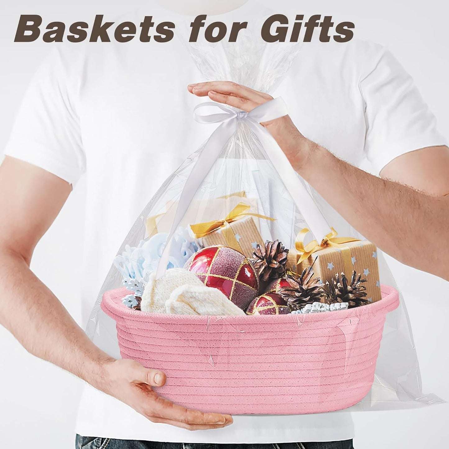 Pro Goleem Small Woven Basket with Gift Bags and Ribbons Durable Baskets for Gifts Empty Small Rope Basket for Storage 12"X 8" X 5" Baby Toy Basket with Handles, Pink