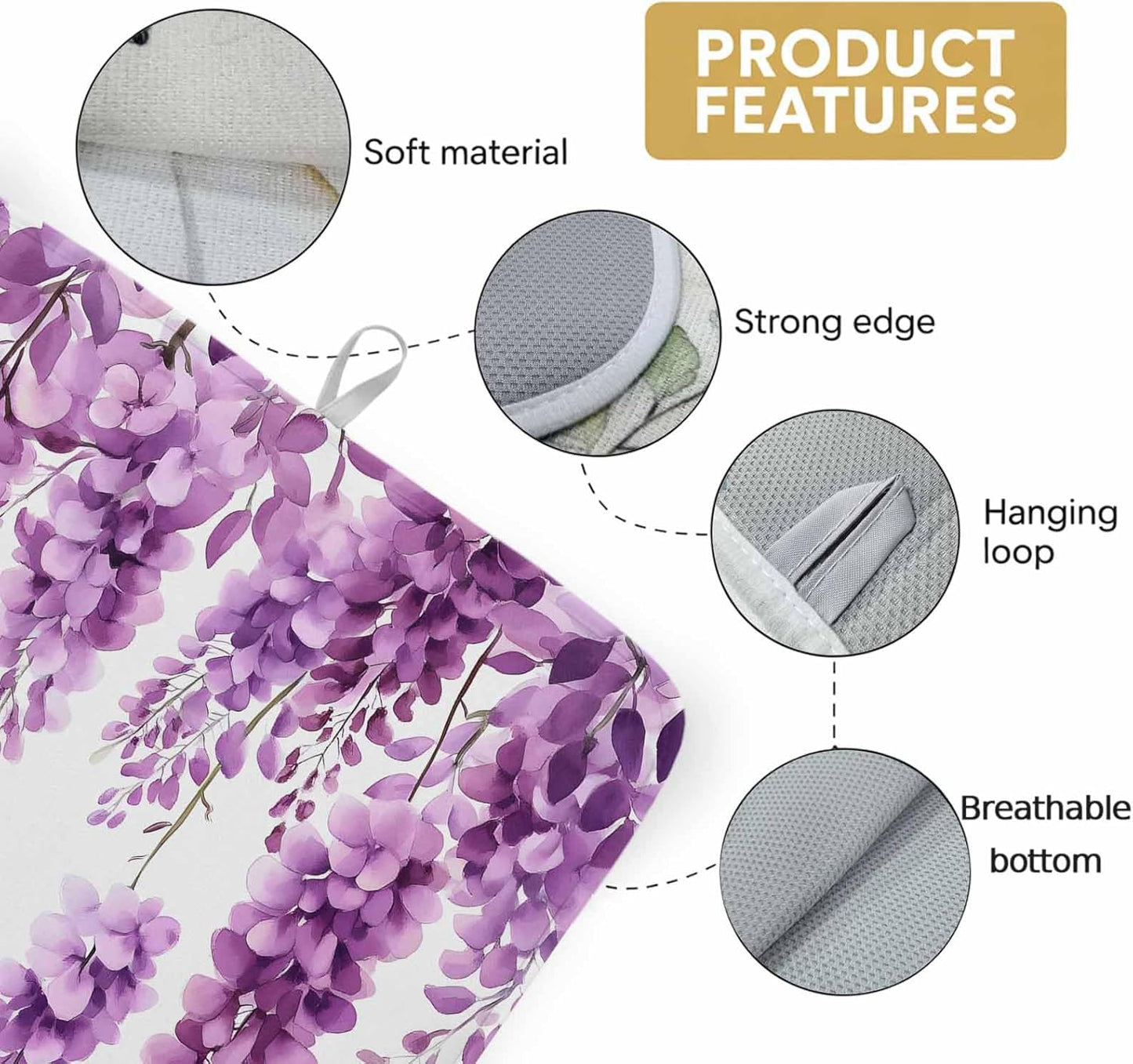 Dish Drying Mat Wisteria Floral Absorbent, Non-Slip Drying Mats Light Pink Leaf Kitchen Counter Mat for Plates, Glasses, Utensils – Quick-Dry Home Decor 2 Pack 16" x 18"
