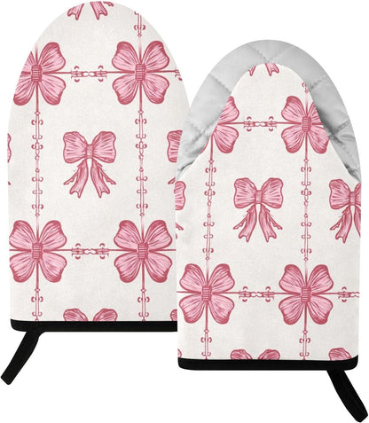 Oven Mitt 2 Pack Set Pink Bow Pattern Seamless Kitchen Mitts Gloves for for Cooking Baking Grilling