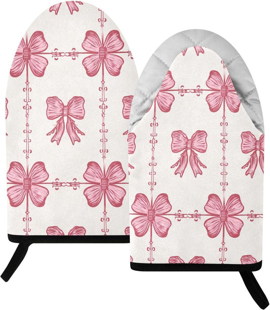 Oven Mitt 2 Pack Set Pink Bow Pattern Seamless Kitchen Mitts Gloves for for Cooking Baking Grilling