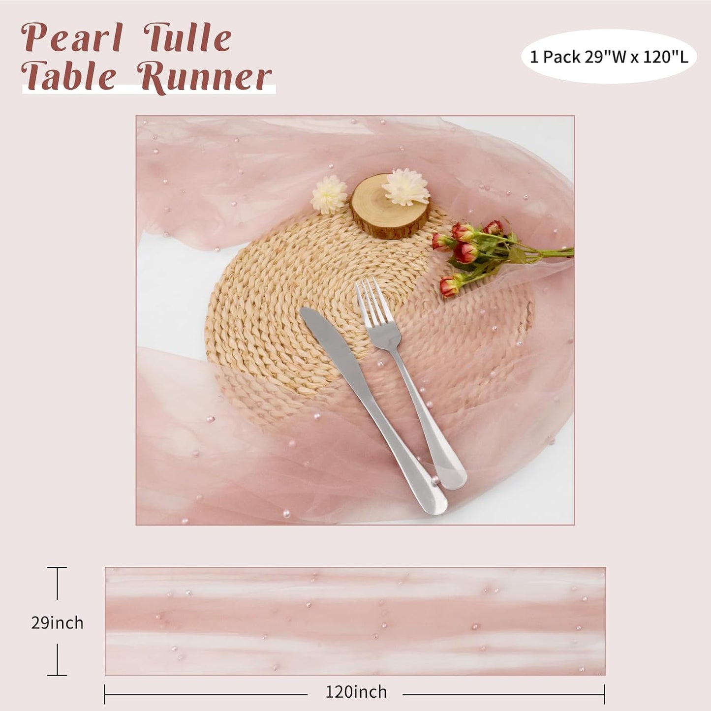 Pearl Table Runner 29 x 120 Inch Tulle Fabric Lace Table Runners for Bridal Shower Birthday Party Wedding Arch Dessert Table Decor(1 Pack, Dusty Pink)