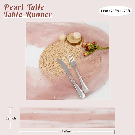 Set of 6 Pearl Valentine's Day Table Runner 29 x 120 Inch Dusty Pink Boho Rustic Tulle Fabric Lace Table Runners for Bridal Shower Birthday Party Wedding Arch Dessert Table Decor(Dusty Pink)