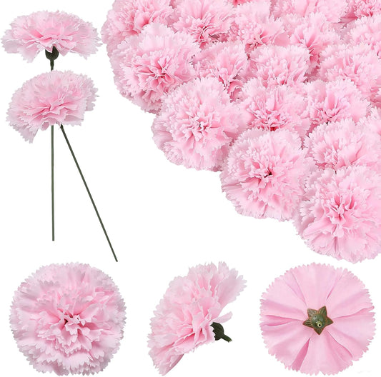24pcs Artificial Silk Carnation Flowers Heads 24pcs with Stems, 3.8” Faux Carnations Flowers for Wedding Bouquets Party Decor DIY Crafts Centerpiece Arrangements (Pink)