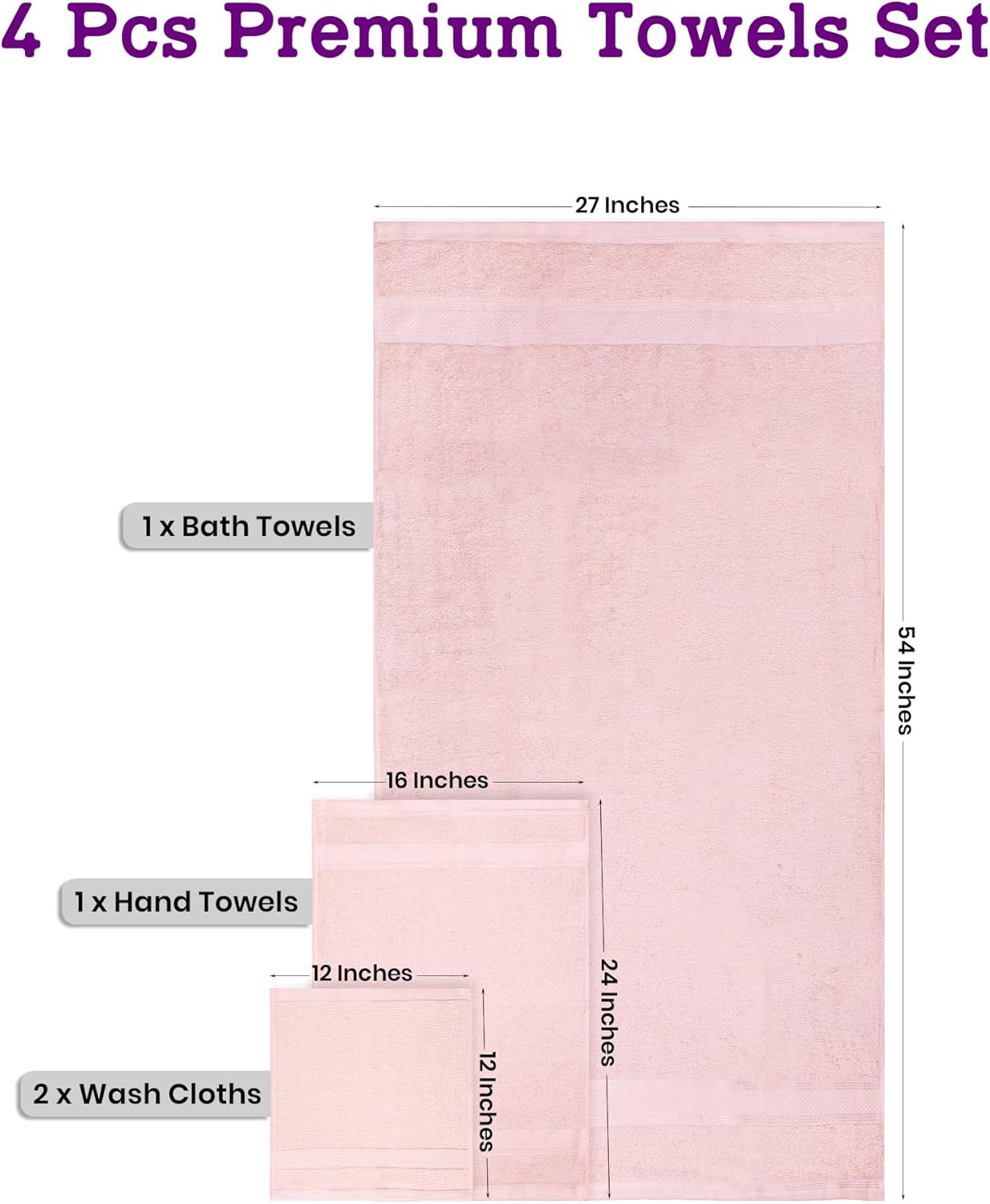 Casa Lino 100% Cotton Bath Towels Set of 4 (1 Bath Towel, 1 Hand Towel & 2 Wash Cloths) - Bathroom Towels and Washcloths Set - Complete Bathroom Set - Guest Room Essentials - (Blush Pink)