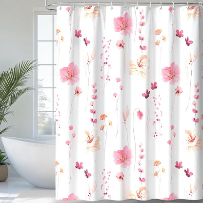 QiyI Watercolor Floral Shower Curtain, Flowers Print Minimalist Bathroom Curtain, Machine Washable Spring Modern Shower Curtains, Waterproof Fabric Shower Curtain Set with Hooks, 72 x 72, Peach Pink