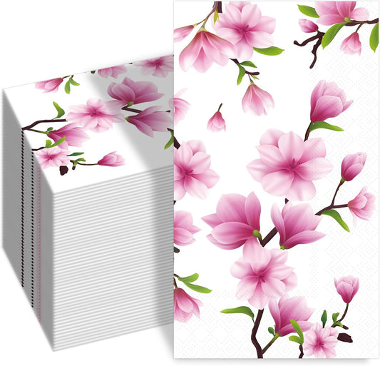 100 Pcs Pink Magnolia Flower Disposable Napkins Watercolor Blossom Paper Napkins, 3-Ply Decorative Napkins for Summer Weddings Bridal Showers & Home Table Decor
