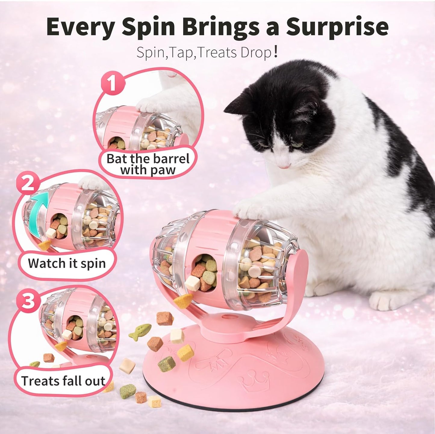 Cat Treat Dispenser Toy, Slow Feeder for Dry Food & Treats, Interactive Rotating Barrel Cat Toys for Indoor Cats &Puppies, Kitten Enrichment Funny Toy(Pink)
