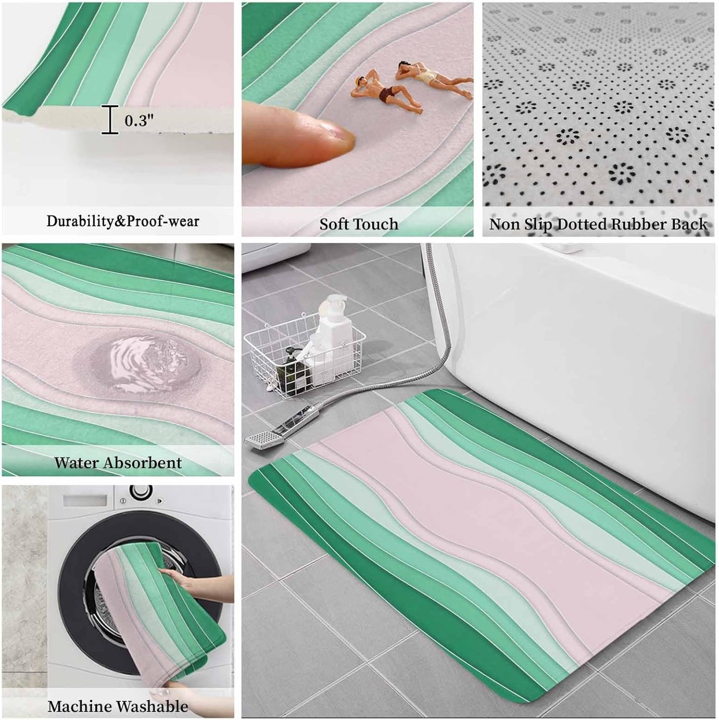 Green Stripes Bathroom Rug Sets 3 Piece, Non Slip Bath Mat, Light Pink Ombre Simple Abstract Lines Absorbent Floor Mats Bath Rugs with U-Shaped Contour Rug Toilet Lid Cover Bathroom Decor Large