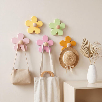 AceOrbit Pcs Daisy Wall Hooks Wood Flower Towel Hooks Cute Flower Decorative Wall Mount Hangers for Bathroom Kitchen Bedroom Home Entryway Decor(5,Yellow, Pink, Purple, Light Green)