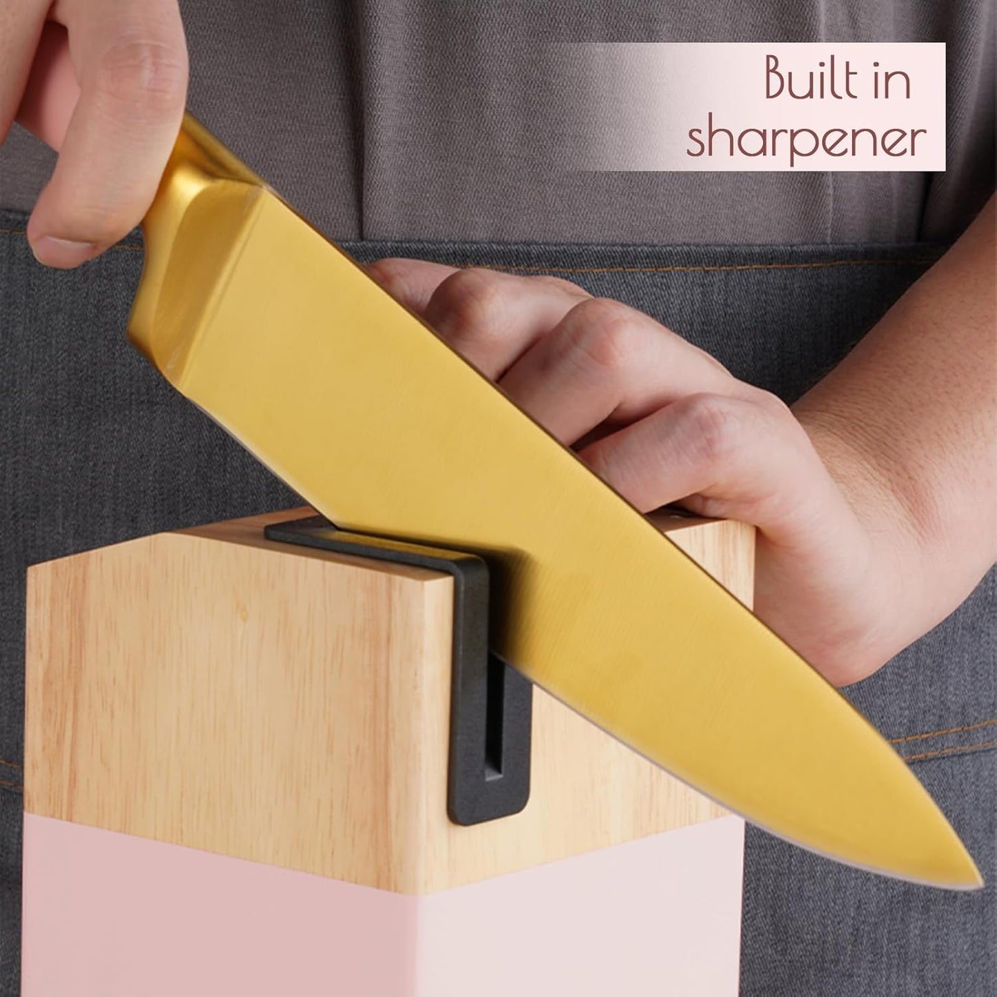 Gold Knife Set, 7 Pieces Titanium Coated Knife Block Set with Pink Wood Block, Ultra Sharp Stainless Steel Chef Knife Sets for Kitchen Built-in Sharpener, Kitchen Accessories and Decor (Pink)