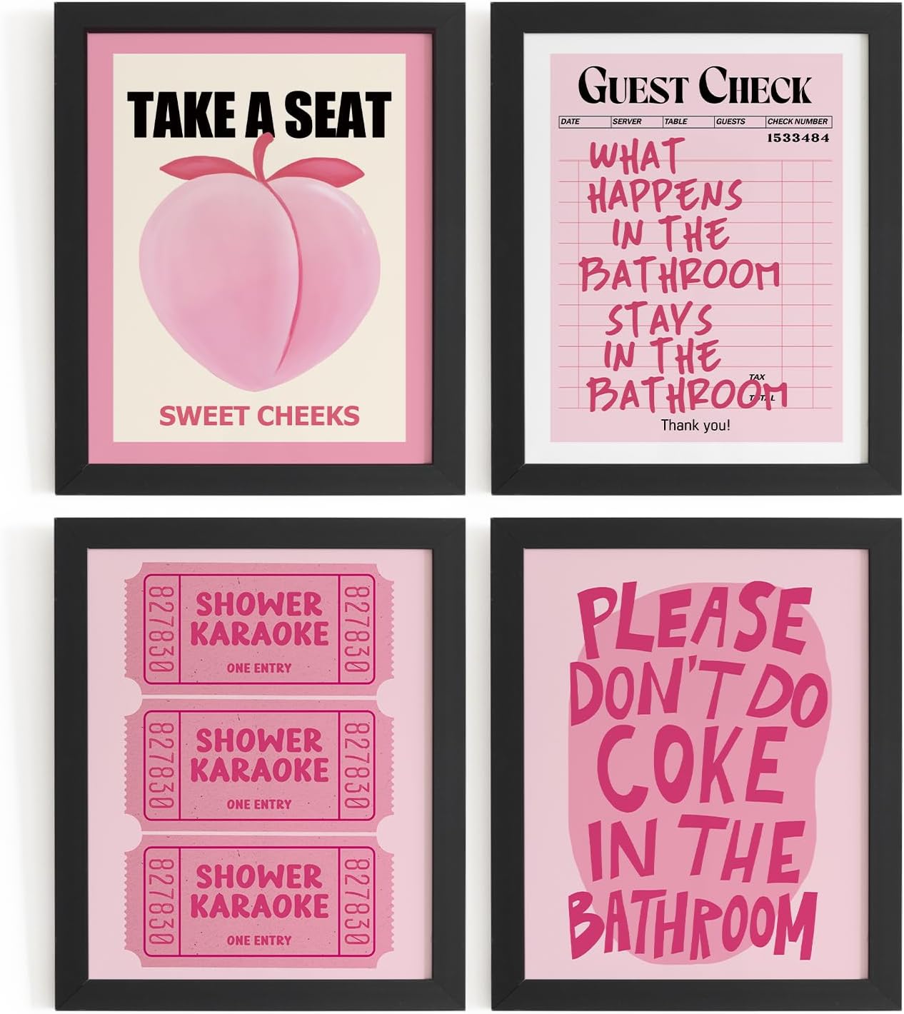 DSHFG Funky Peach Pink Bathroom Wall Decor Pictures Prints 8x10, Preppy Pink Bathroom Wall Art Posters for Teen Girls College Dorm Restroom Bath Room, 4Pcs Unframed