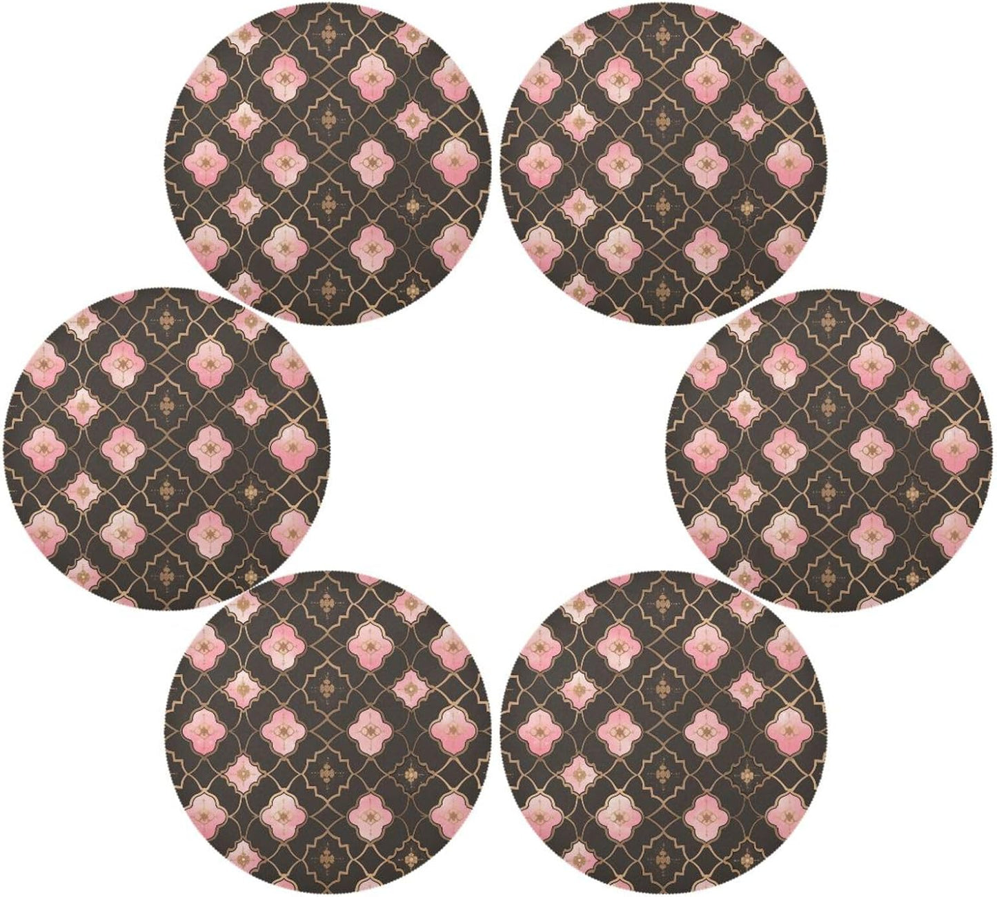 Quatrefoil Pattern Peach Gold Circle placemats Reusable Chalkboard placemats Faux Leather placemats for Dining Table placemats Easy to Clean Waterproof 6 Piecing placemat Set 15.4x15.4in
