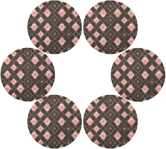Quatrefoil Pattern Peach Gold Circle placemats Reusable Chalkboard placemats Faux Leather placemats for Dining Table placemats Easy to Clean Waterproof 6 Piecing placemat Set 15.4x15.4in