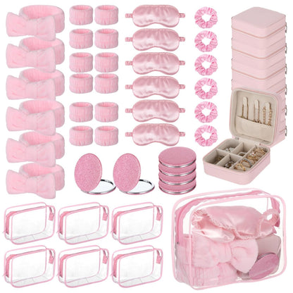 6 Sets Pink Spa Party Supplies for Women, Spa Favor Kit with Jewelry Box Headband Eye Mask Glitter Mirror Hair Tie Clear Zipper Bag, DIY Spas Present Set for Sleepover Bridal Shower Slumber Party