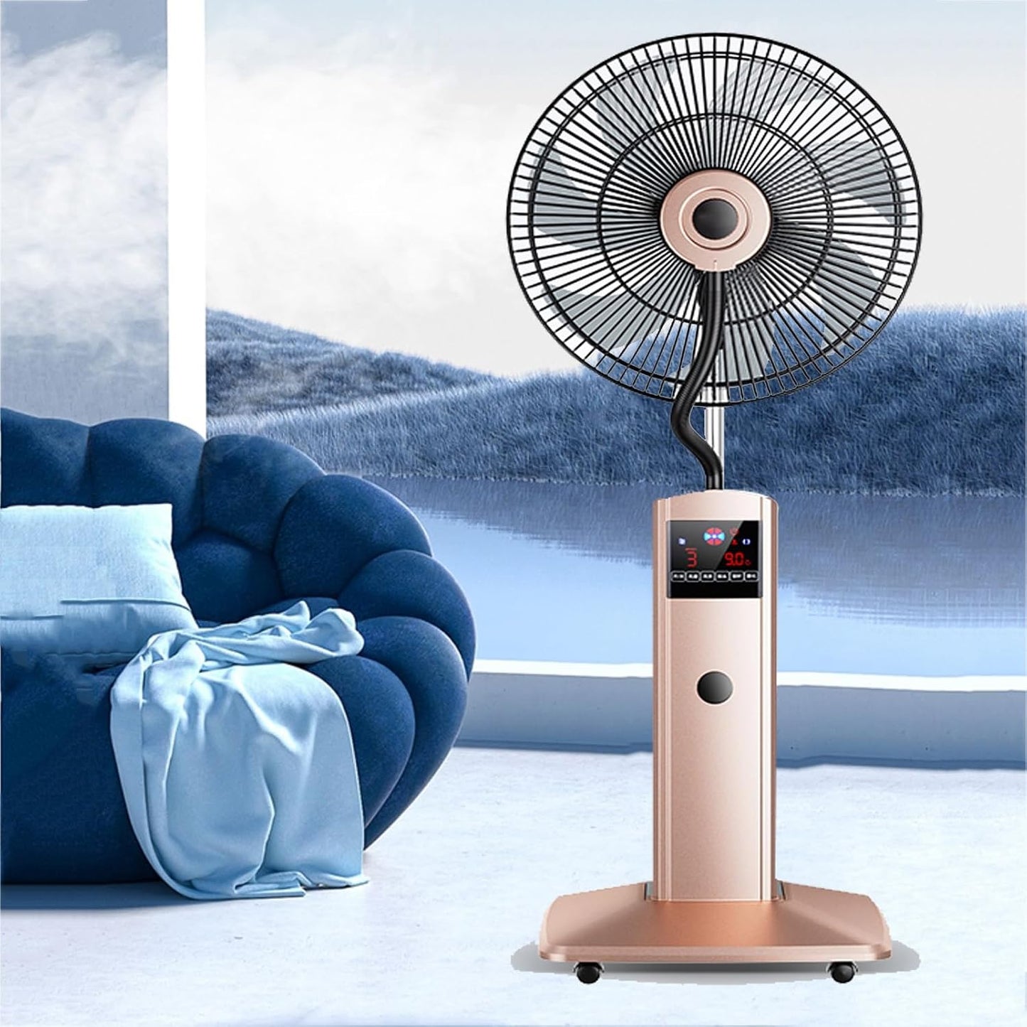 Pedestal Oscillating Fan Standing Misting Fan with 3-Speed, Humidifying Misting Fan with Remote Control, Intelligent Control Panel, 12-hour Timer, for Bedroom, Living Room, Terrace, Study, Office(Pink