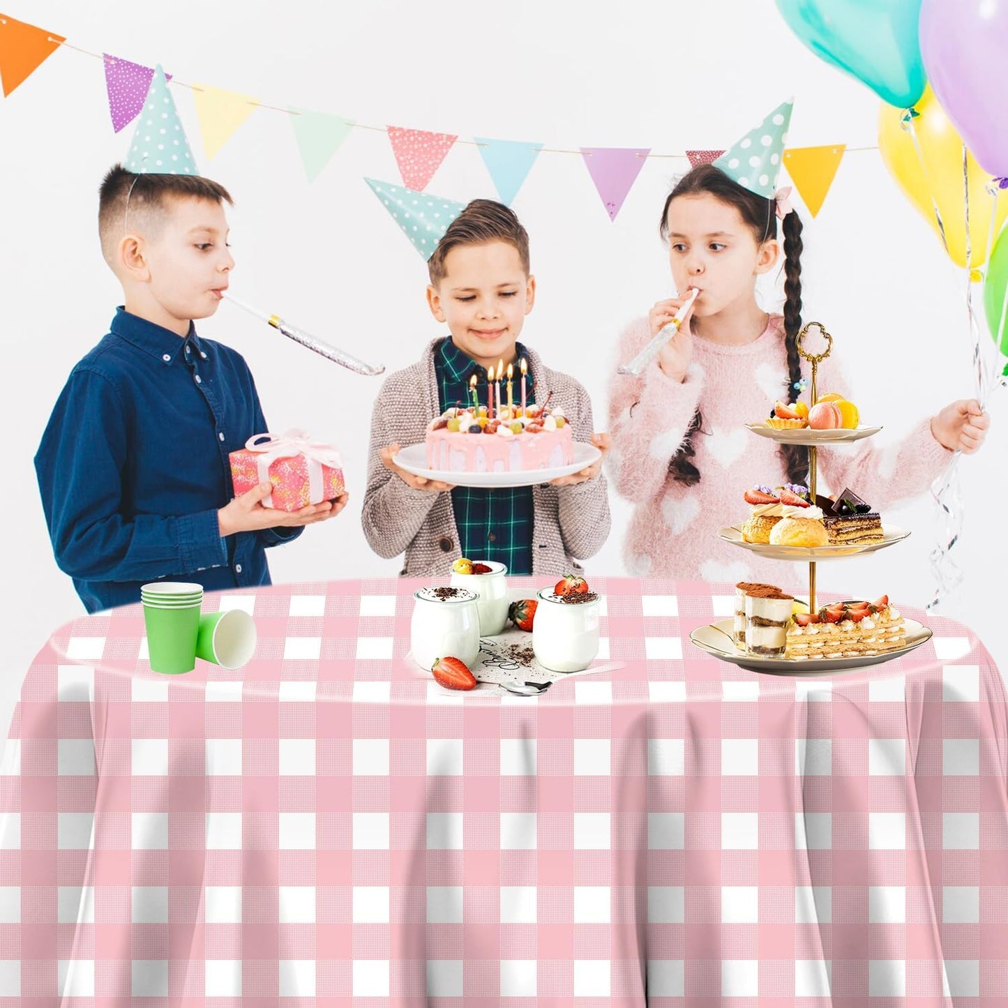 3 Pack Pink Round Tablecloth Pink and White Circular Checkered Table Covers Easter Round Tablecloth Outdoor and Indoor Party Decorations for Picnic Barbecue Holiday Party Supply 84 Inch