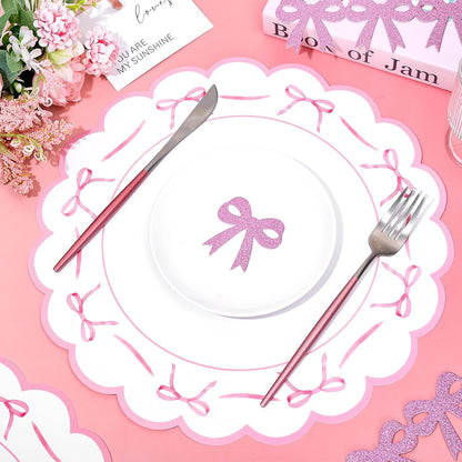 FYSUIMU Pink Bow Plastic Placemats Mother's Day Bowknot Coquette Table Mats Scalloped Place Mats for Wedding Birthday Baby Shower Bachelorette Party Kitchen Supplies, 6Pcs