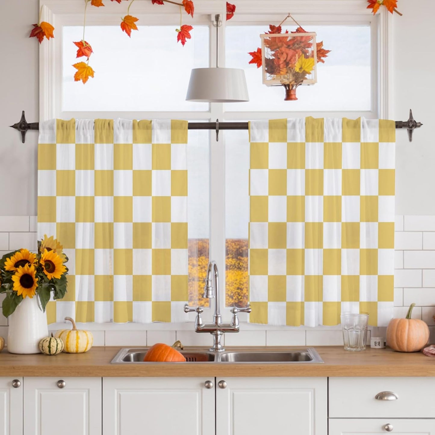 Lemon Yellow Checkered Sheer Curtains for Living Room Bedroom Geometric Yellow Buffalo Plaid Sheer Curtains 45 Inch Long 2 Panels Set Light Filtering Curtain Window Treatments Drapes for Dining Room