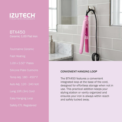 IZUTECH BTX450 1 Inch Tourmaline Ceramic Flat Iron Hair Straightener, Professional Salon Negative Ion Straightener with Adjustable Temperature for All Hair Types, Anti-Frizz High Shine, Pink