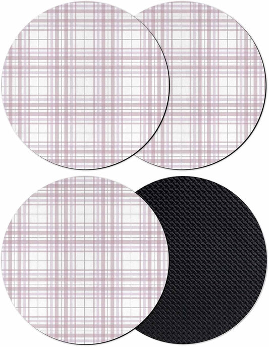 Coasters Set of 4, Buffalo Plaid Round Drink Coasters for Coffee Table Decor, Dusty Rose Pink Farmhouse Stripes Minimalist Absorbent Cup Coaster for Housewarming Gift/Home Décor, 4 Inches