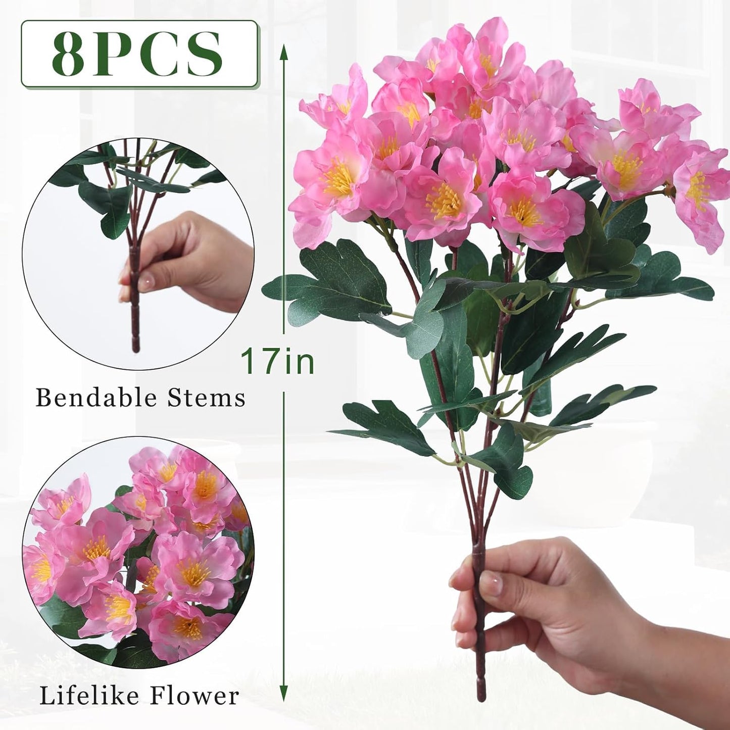 Juxdp 8 Bundles Artificial Camellia for Front Door Outside - Faux UV Resistant Real Looking Camellia Flowers Fake Silk Bouquets Plants for Garden Window Farmhouse Home Spring Summer Decor (Pink)